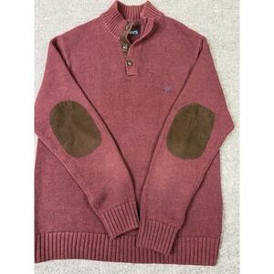Chaps‎ Men's 100% Cotton Sweater Shawl Collar Burgundy Brown Elbow Patches L